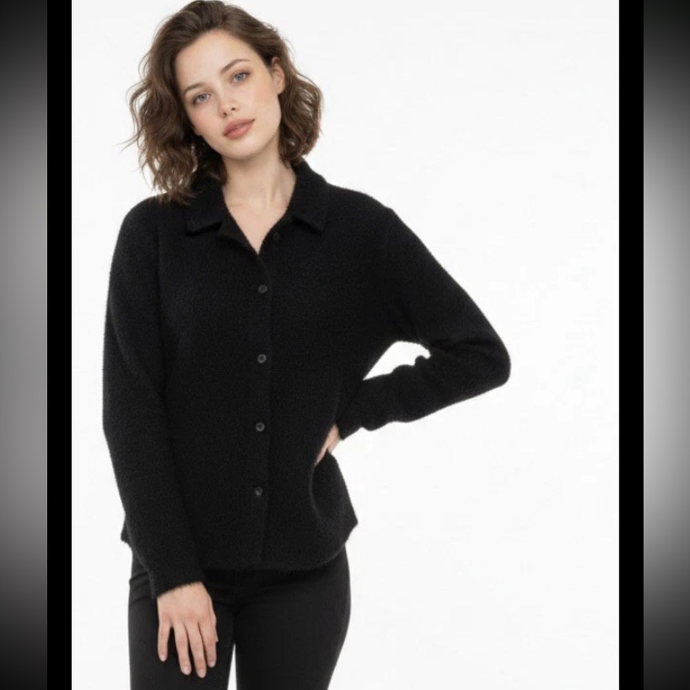 J CREW Cardigan Sweater Lambswool Angora Button Black Fuzzy Collar Medium